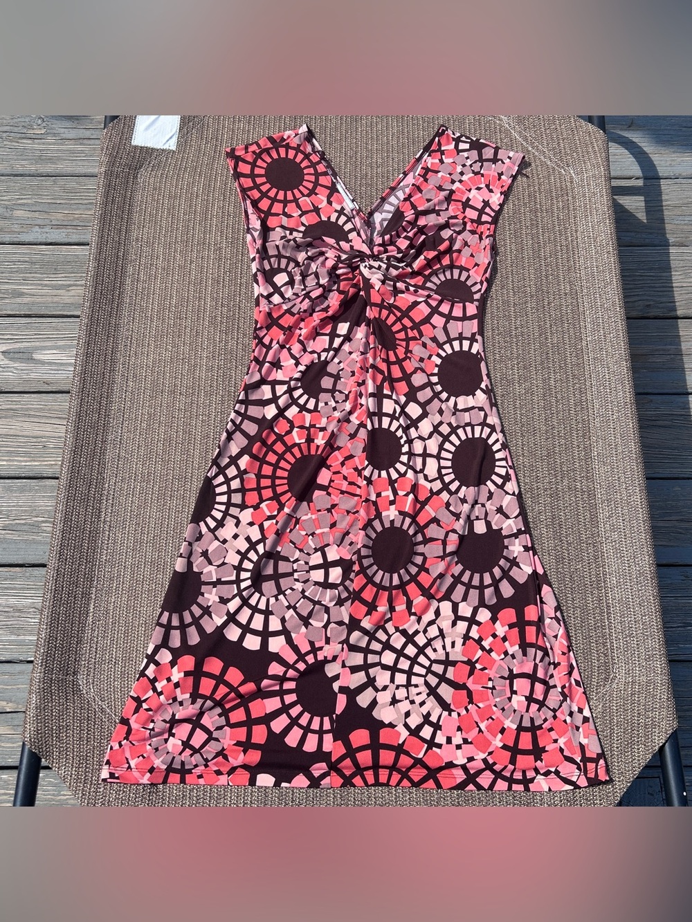 Knot-Front Sleeveless Midi Dress in Pink Geometric Print